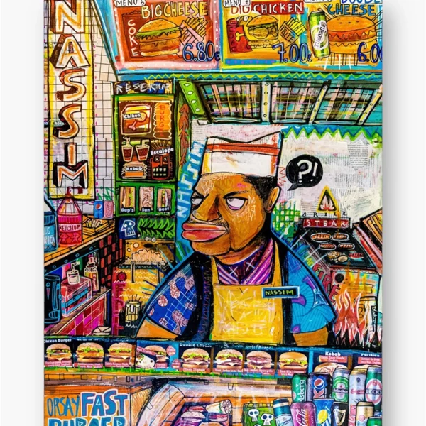 Peinture contemporaine "Nassim" de Léni Malki : vie urbaine et culture de fast-food