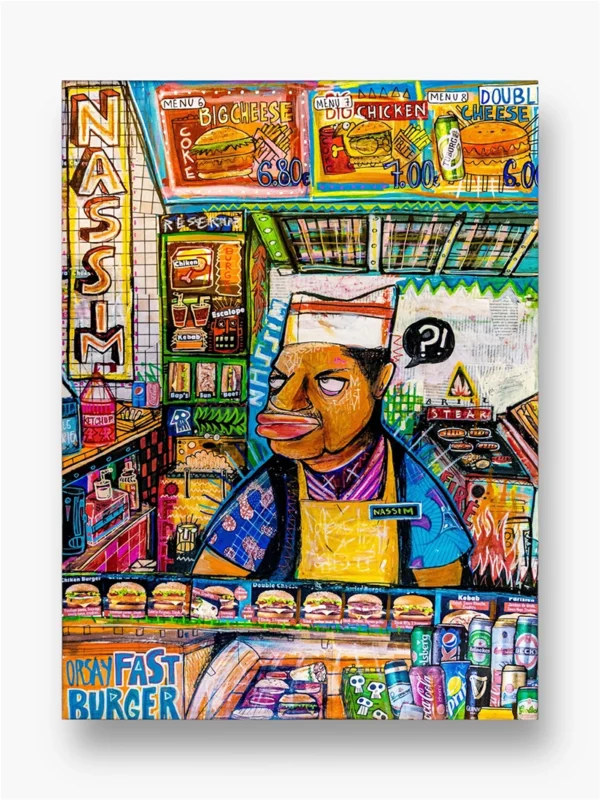 Peinture contemporaine "Nassim" de Léni Malki : vie urbaine et culture de fast-food