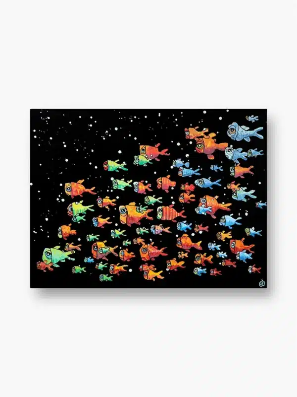 Peinture de FROB avec poissons multicolores sur fond noir